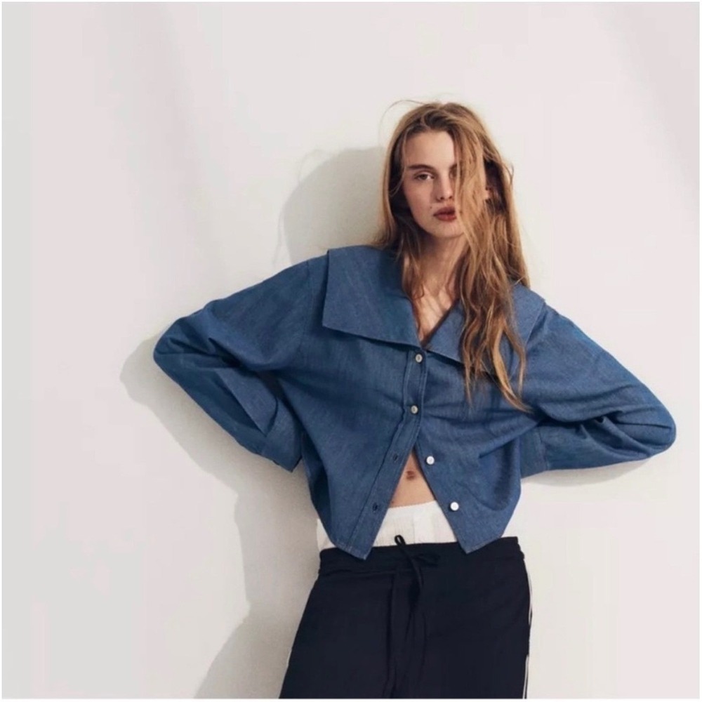 Zara Blue Denim Sailor Collar Shirt Cropped Boxy Button Down Top Medium